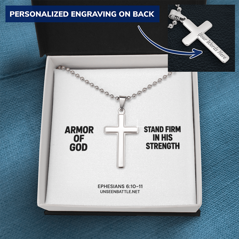 Personalized engraved Armor of God cross necklace on ball chain