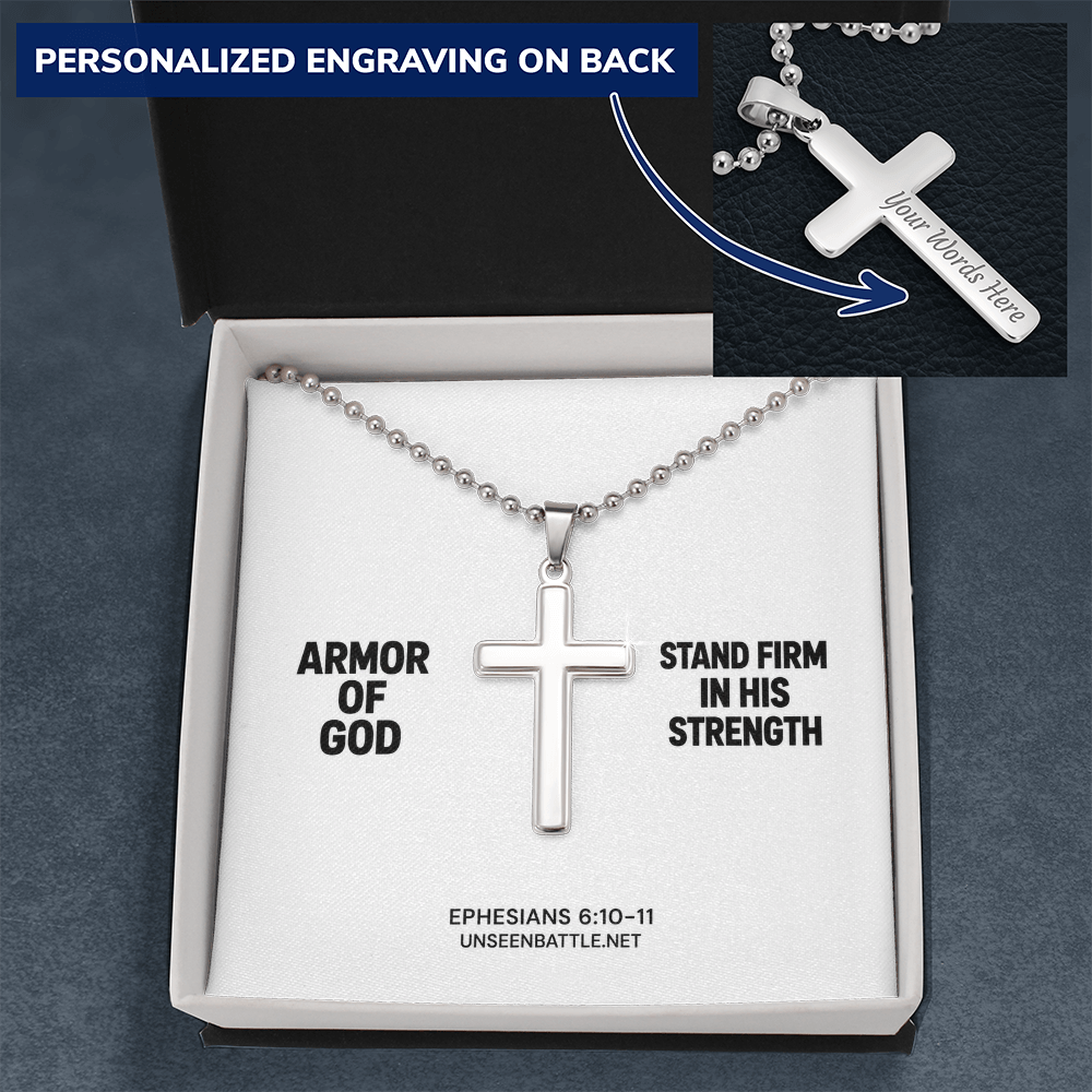 Personalized engraved Armor of God cross necklace on ball chain