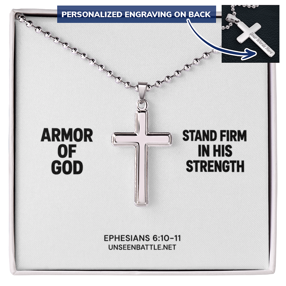 Personalized engraved Armor of God cross necklace on ball chain