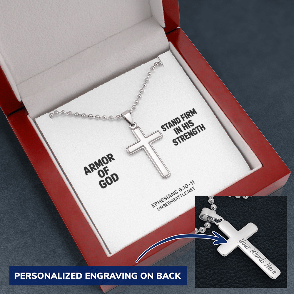 Personalized engraved Armor of God cross necklace on ball chain