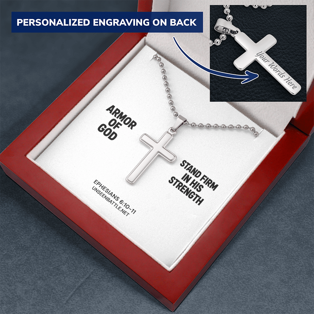 Personalized engraved Armor of God cross necklace on ball chain