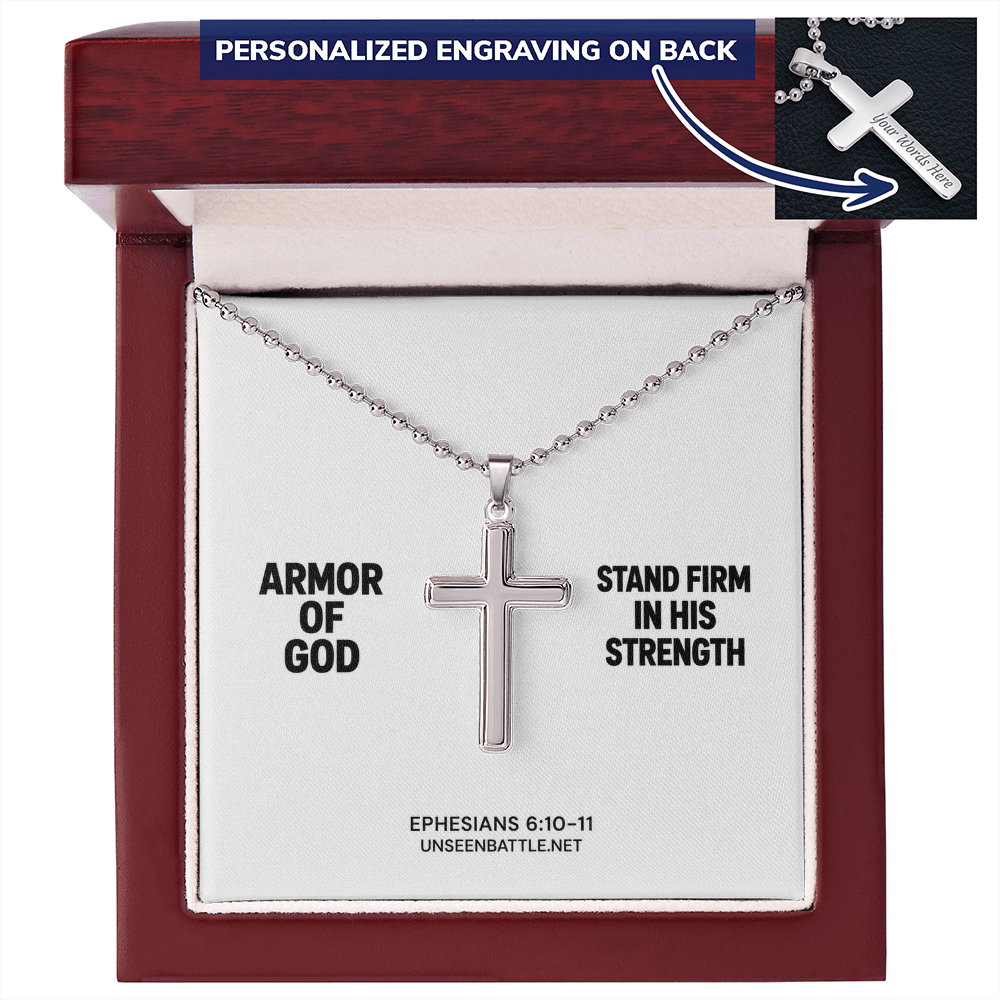 Personalized engraved Armor of God cross necklace on ball chain