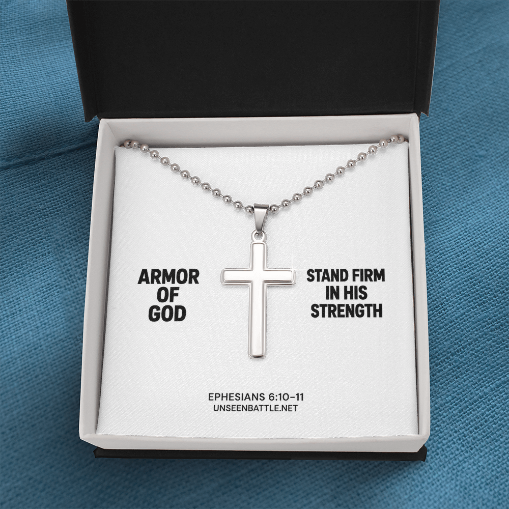 Armor of God stainless steel cross necklace on ball chain, Ephesians 6:10-11