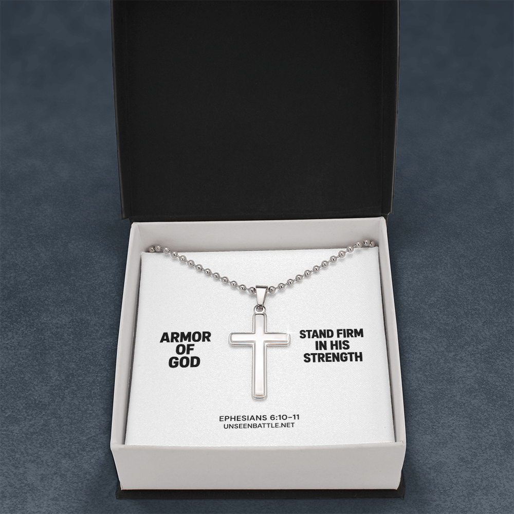 Armor of God stainless steel cross necklace on ball chain, Ephesians 6:10-11