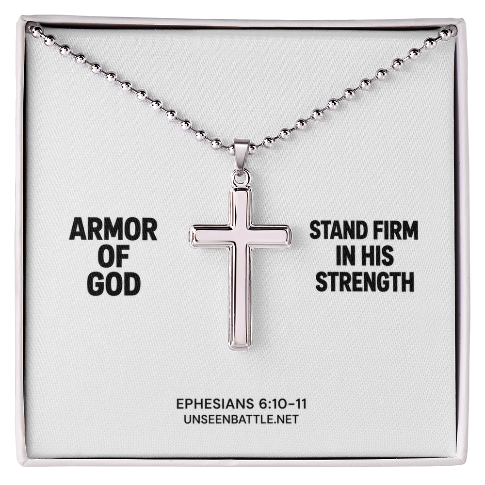 Armor of God stainless steel cross necklace on ball chain, Ephesians 6:10-11