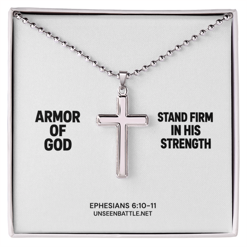 Armor of God stainless steel cross necklace on ball chain, Ephesians 6:10-11