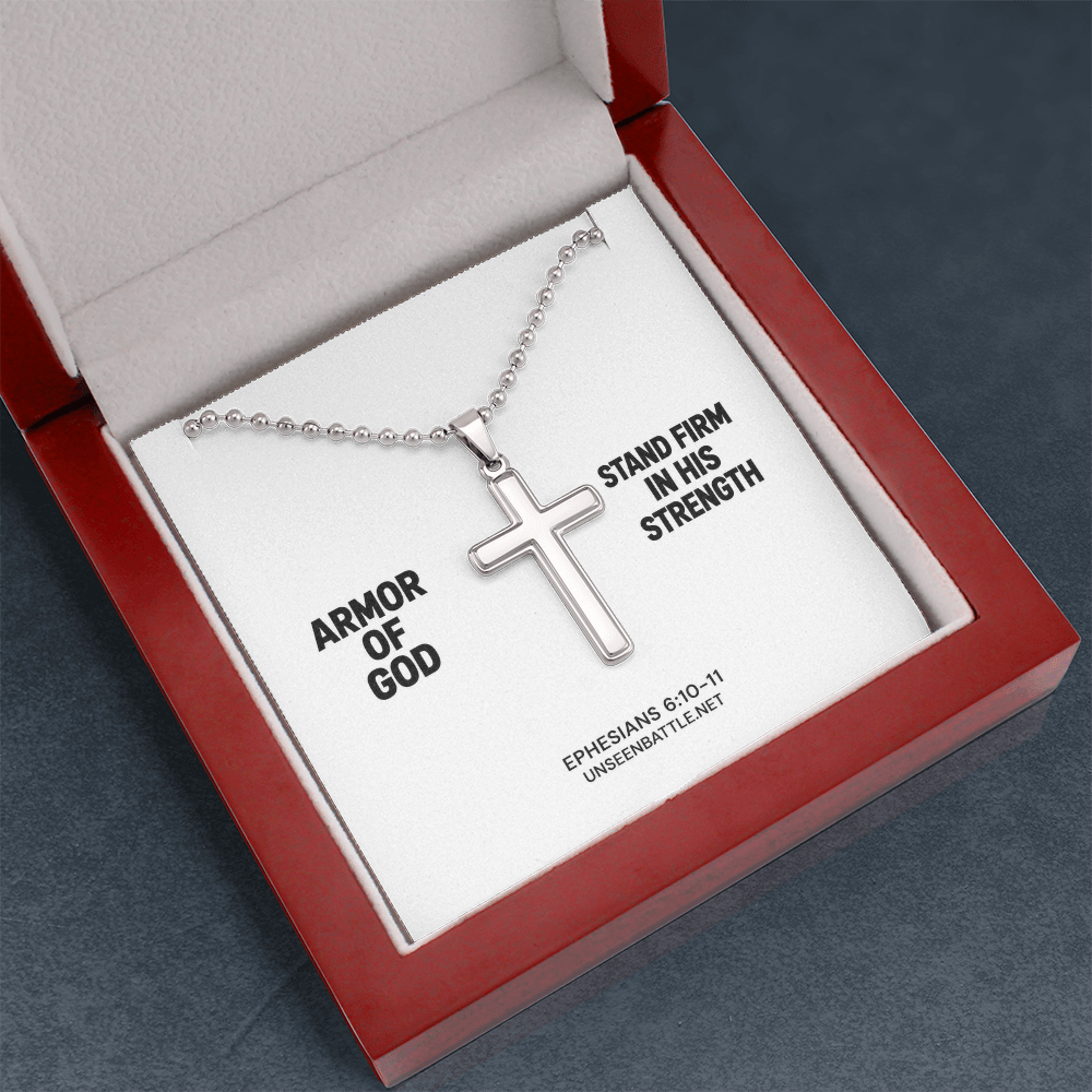 Armor of God stainless steel cross necklace on ball chain, Ephesians 6:10-11