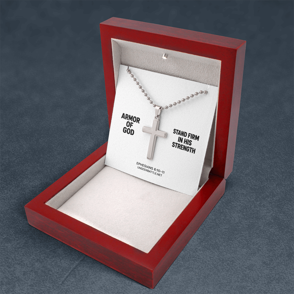 Armor of God stainless steel cross necklace on ball chain, Ephesians 6:10-11