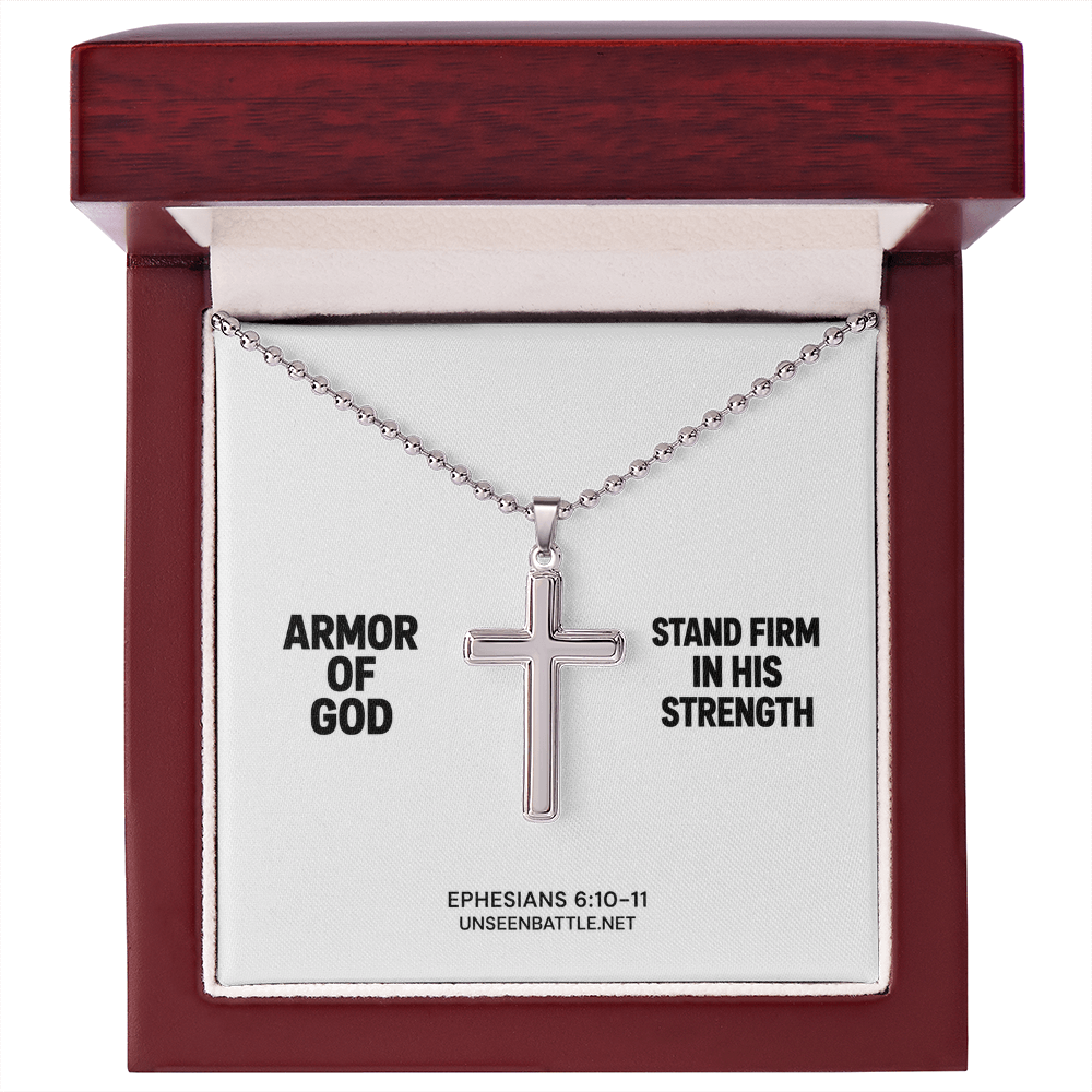 Armor of God stainless steel cross necklace on ball chain, Ephesians 6:10-11