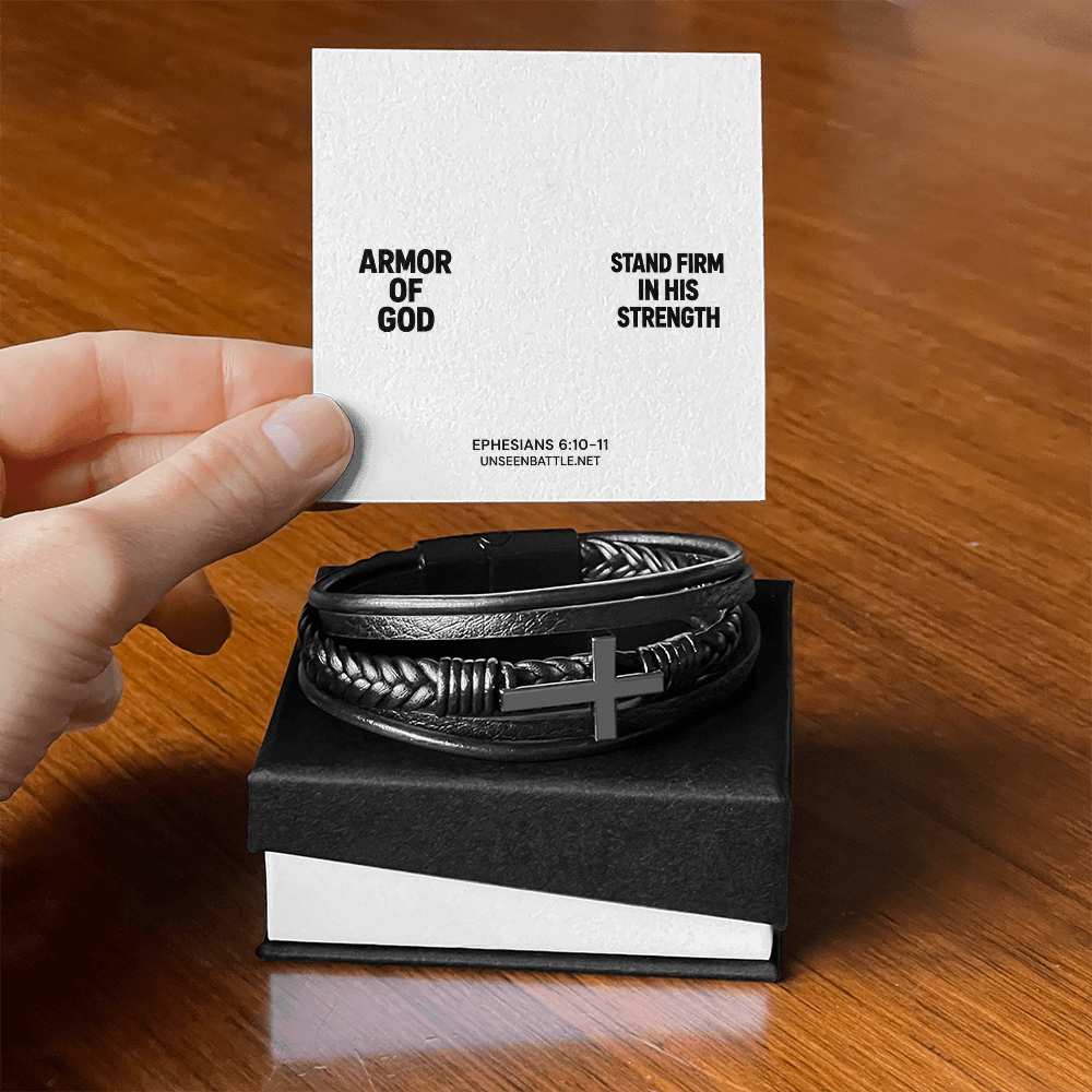 Armor of God cross bracelet, braided vegan leather, Ephesians 6:10-11
