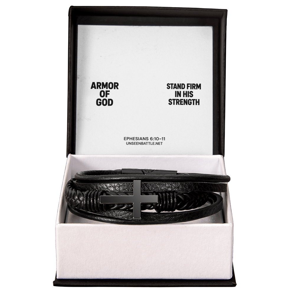 Armor of God cross bracelet, braided vegan leather, Ephesians 6:10-11