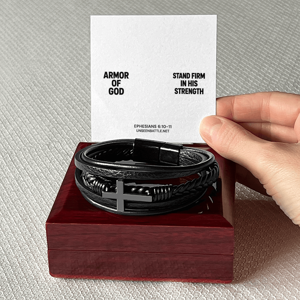 Armor of God cross bracelet, braided vegan leather, Ephesians 6:10-11