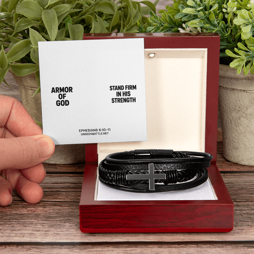 Armor of God cross bracelet, braided vegan leather, Ephesians 6:10-11
