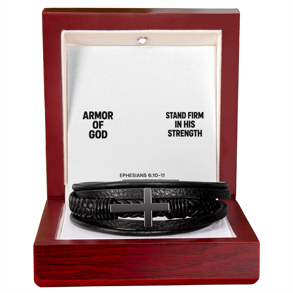 Armor of God cross bracelet, braided vegan leather, Ephesians 6:10-11