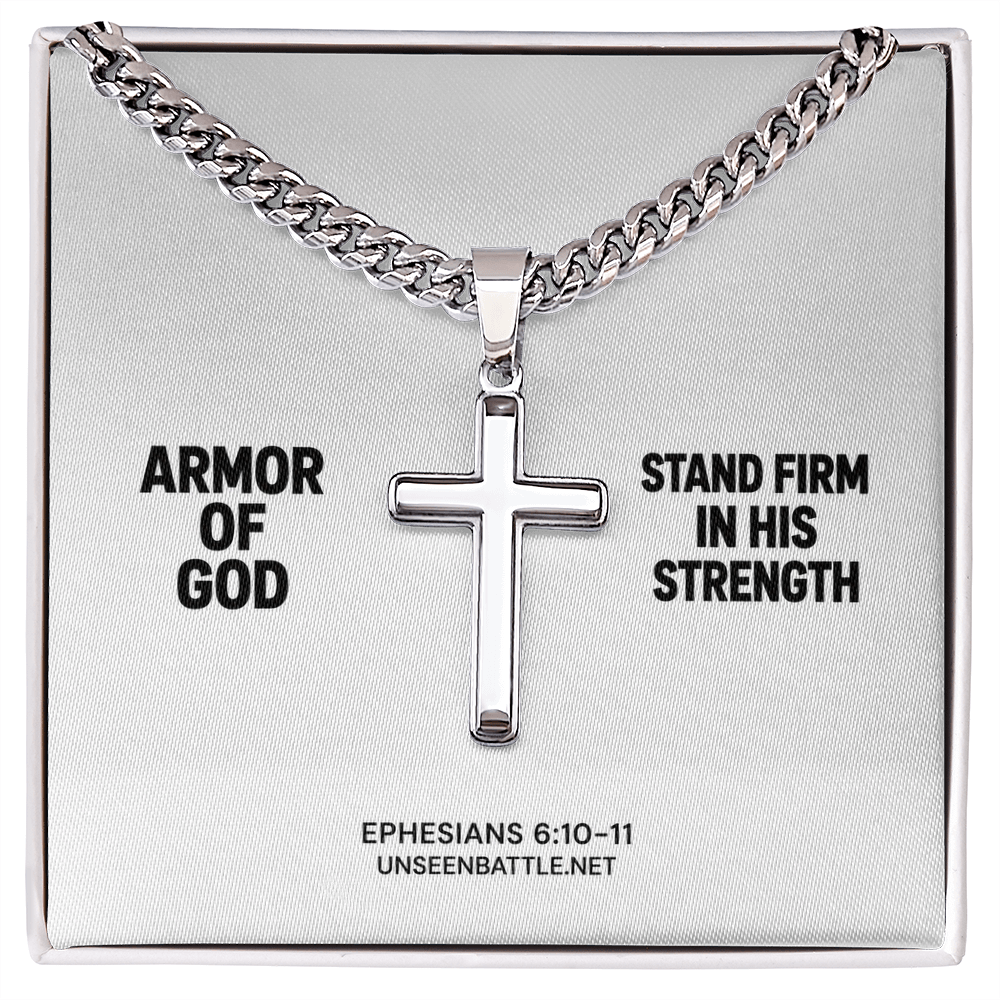 Armor of God cross necklace on Cuban link chain, Ephesians 6:10-11