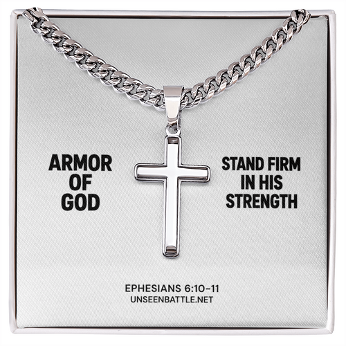 Armor of God cross necklace on Cuban link chain, Ephesians 6:10-11