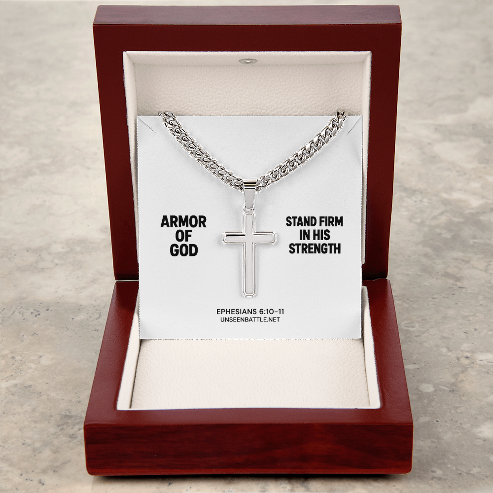 Armor of God cross necklace on Cuban link chain, Ephesians 6:10-11