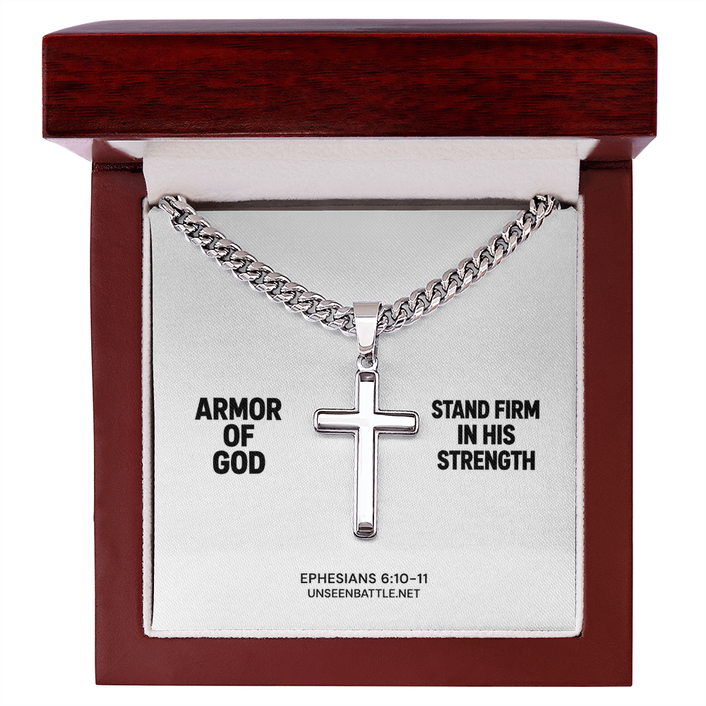 Armor of God cross necklace on Cuban link chain, Ephesians 6:10-11