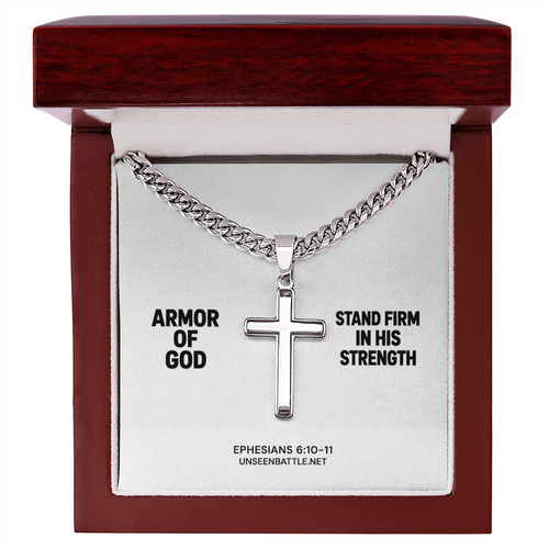 Armor of God cross necklace on Cuban link chain, Ephesians 6:10-11