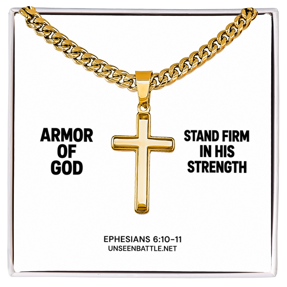 Armor of God cross necklace on Cuban link chain, Ephesians 6:10-11