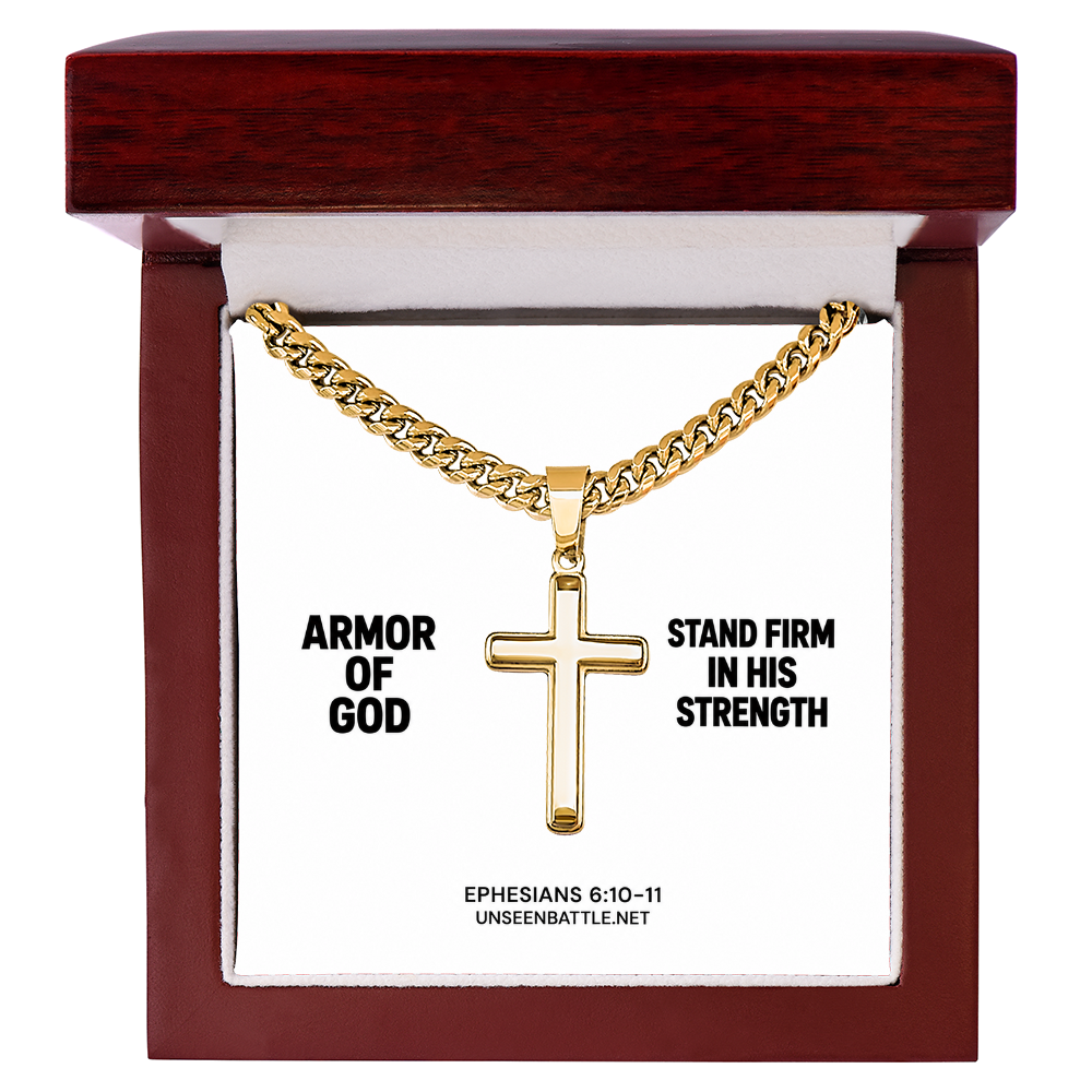 Armor of God cross necklace on Cuban link chain, Ephesians 6:10-11