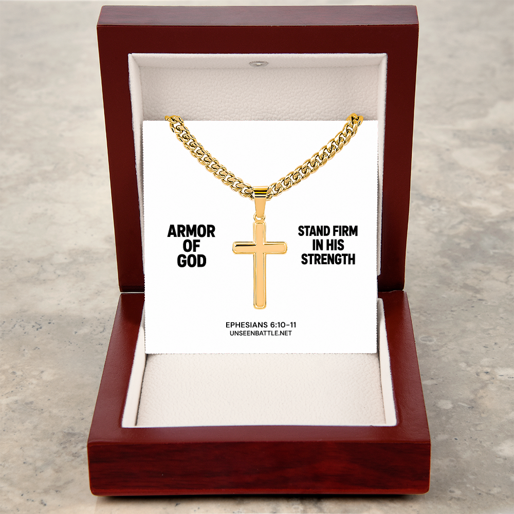 Armor of God cross necklace on Cuban link chain, Ephesians 6:10-11