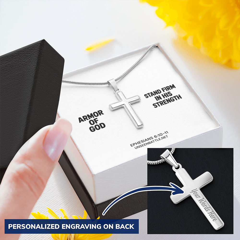 Personalized engraved Armor of God cross necklace on snake chain