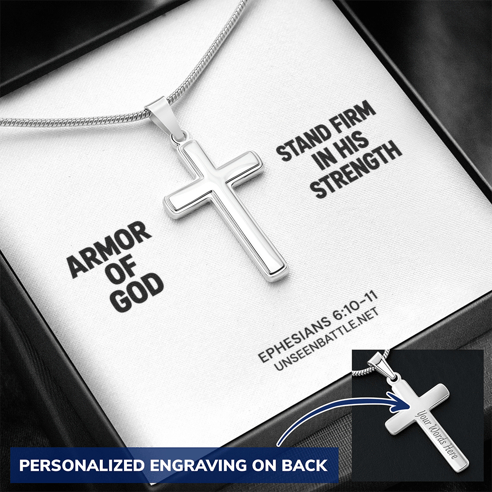 Personalized engraved Armor of God cross necklace on snake chain