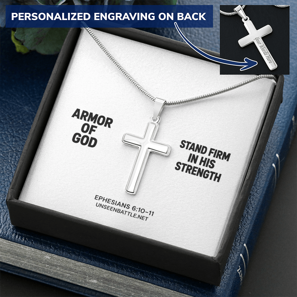 Personalized engraved Armor of God cross necklace on snake chain