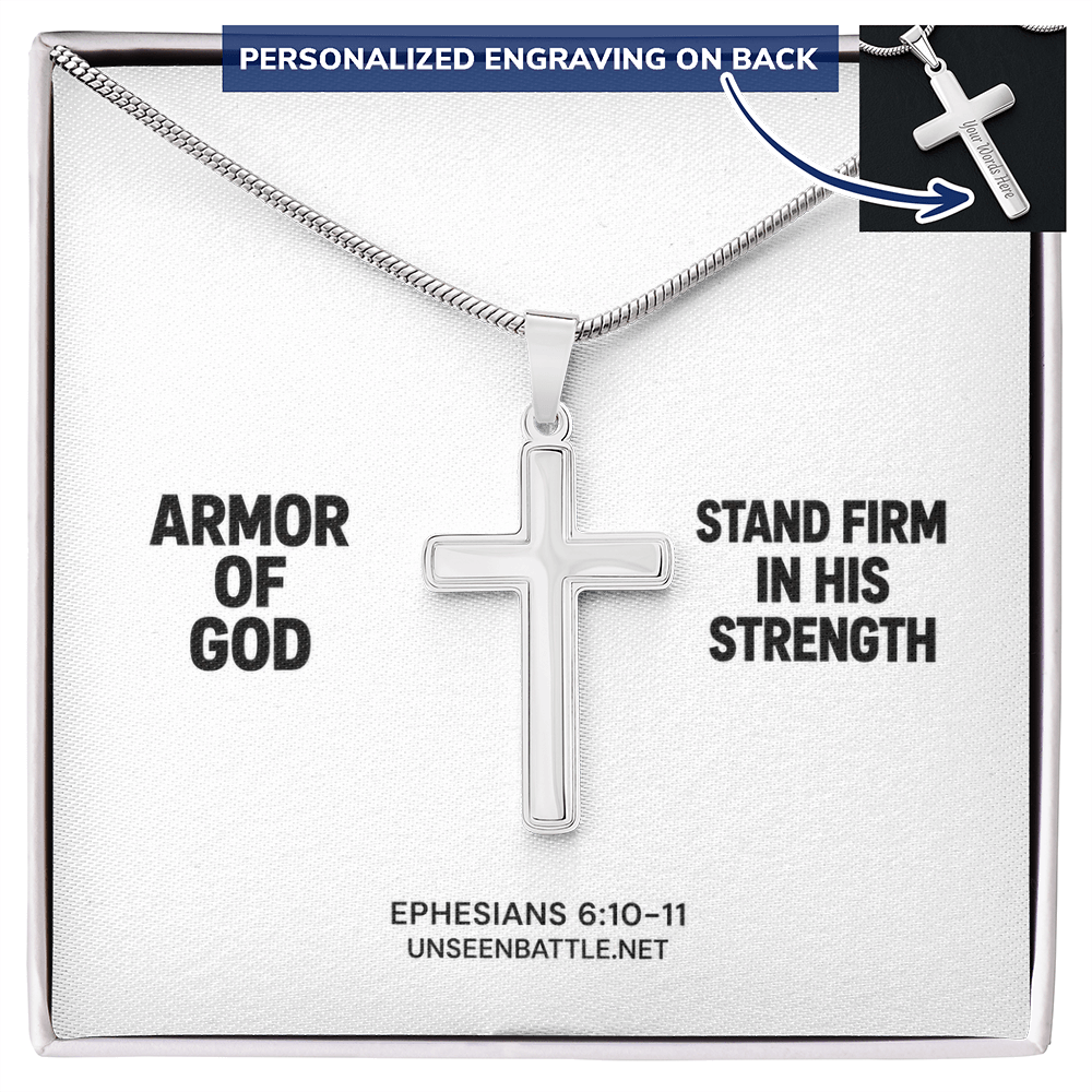 Personalized engraved Armor of God cross necklace on snake chain