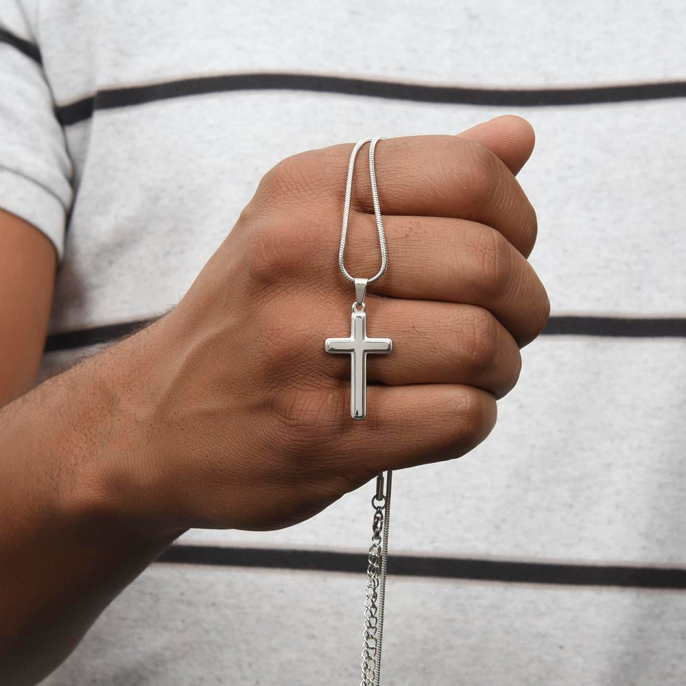 Personalized engraved Armor of God cross necklace on snake chain