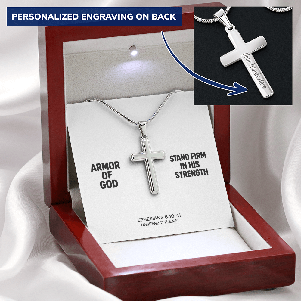 Personalized engraved Armor of God cross necklace on snake chain