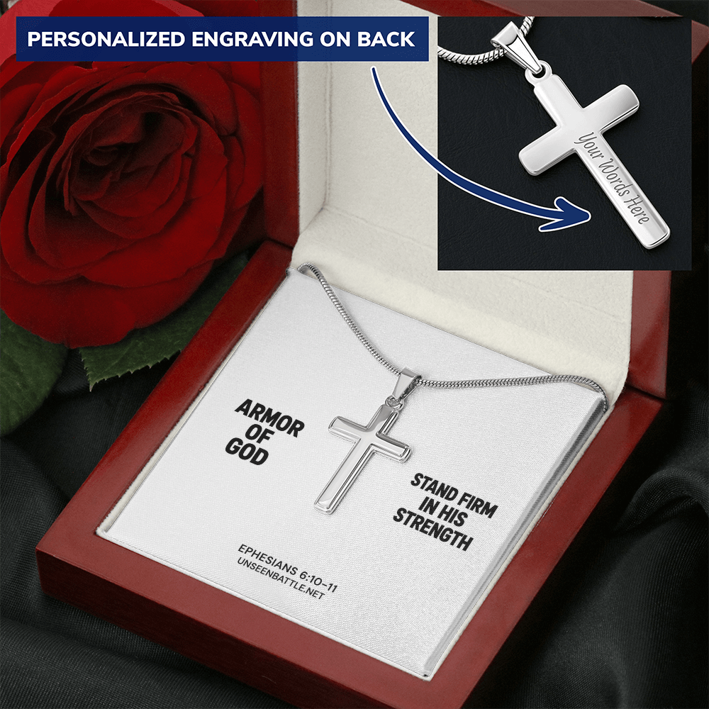 Personalized engraved Armor of God cross necklace on snake chain