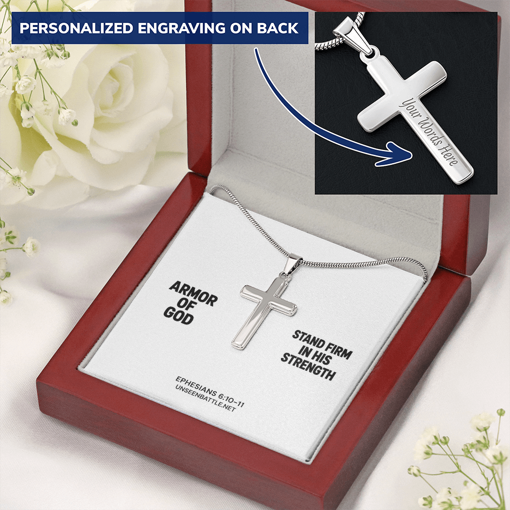 Personalized engraved Armor of God cross necklace on snake chain