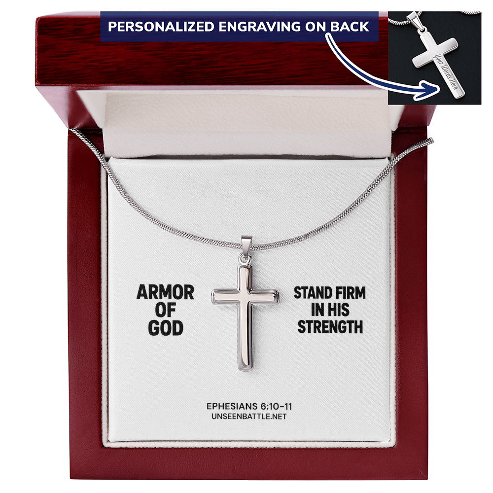 Personalized engraved Armor of God cross necklace on snake chain