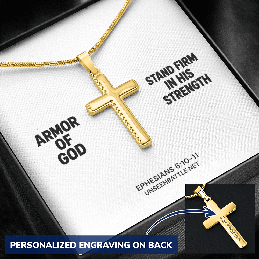 Personalized engraved Armor of God cross necklace on snake chain