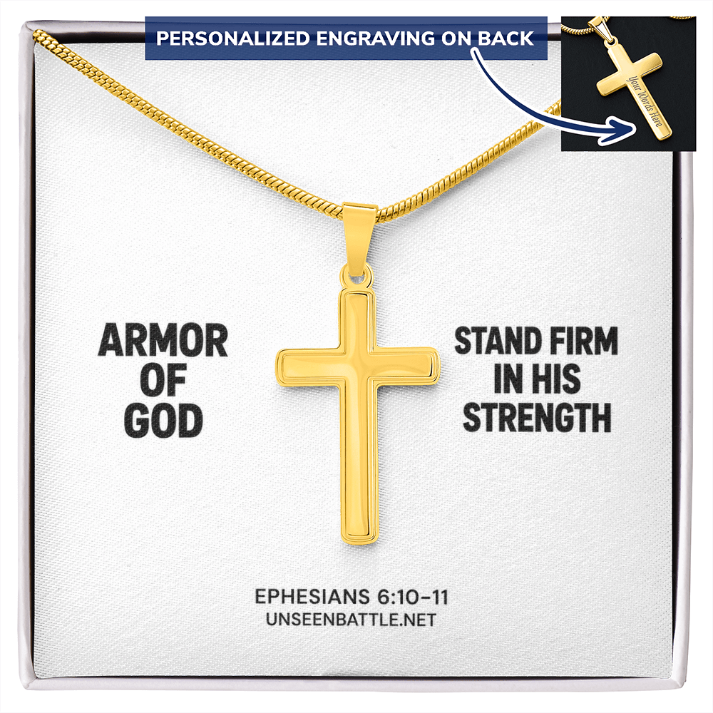 Personalized engraved Armor of God cross necklace on snake chain