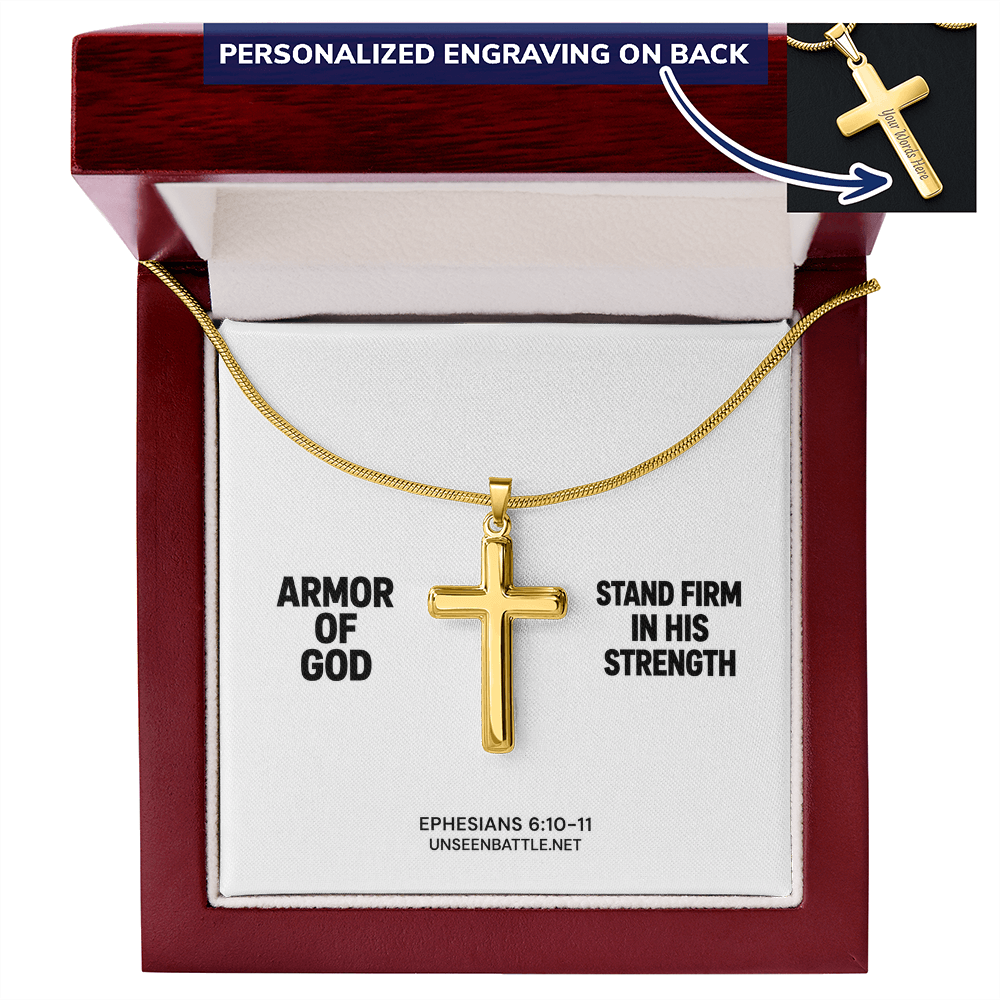 Personalized engraved Armor of God cross necklace on snake chain
