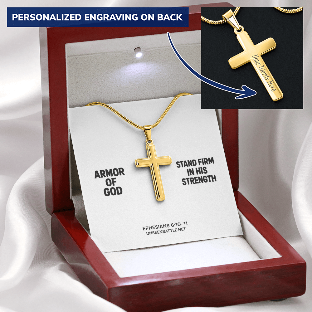 Personalized engraved Armor of God cross necklace on snake chain