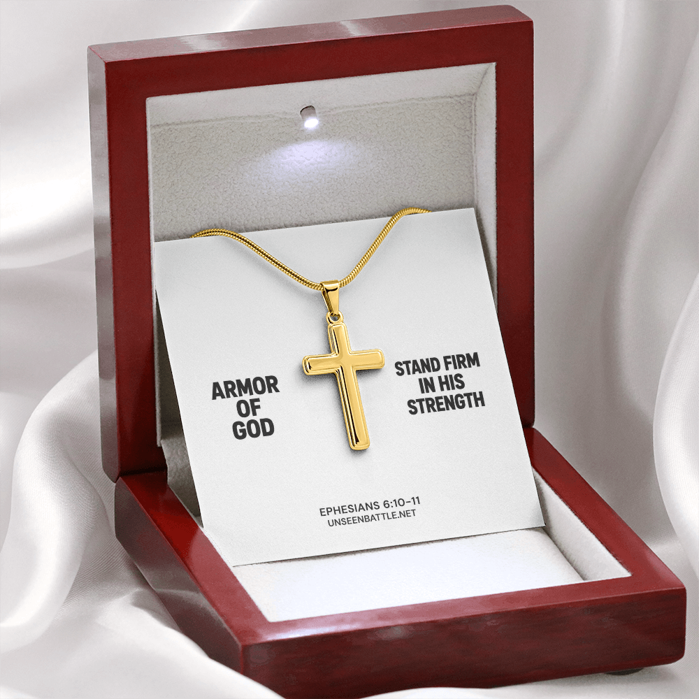 Personalized engraved Armor of God cross necklace on snake chain