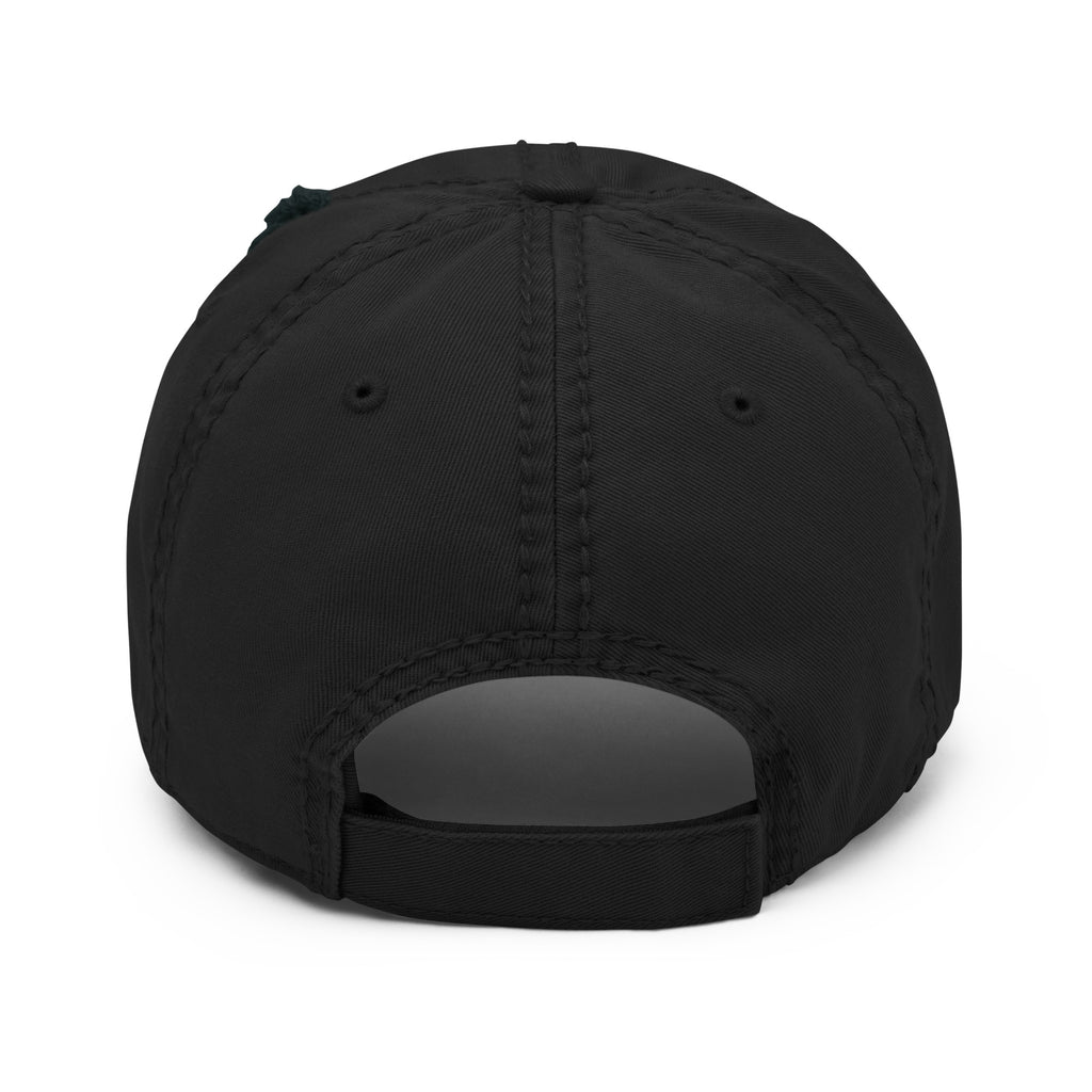 Unseen Battle distressed black dad hat with emblem, back view