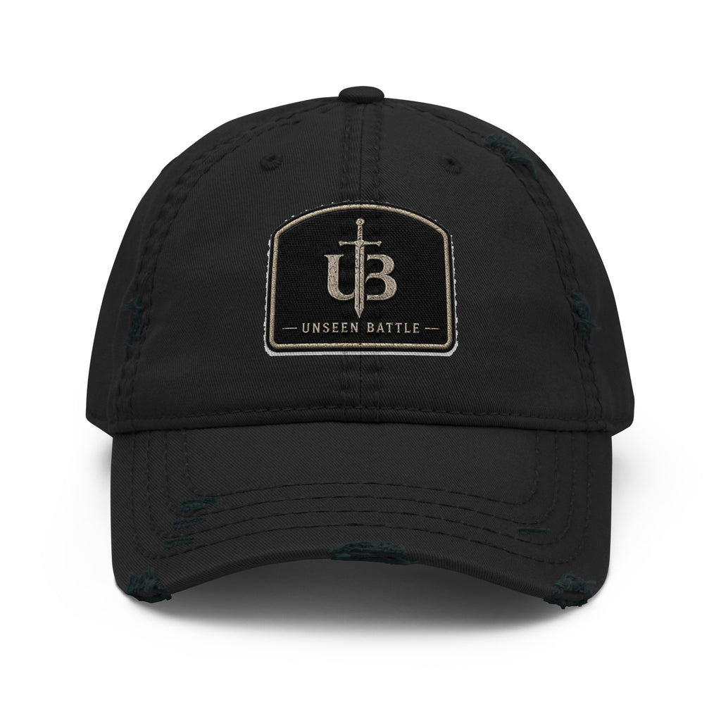 Unseen Battle distressed black dad hat with emblem, front view