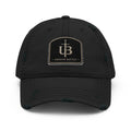 Unseen Battle distressed black dad hat with emblem, front view