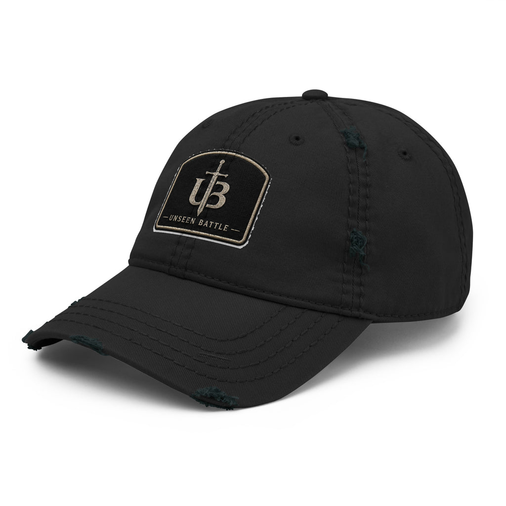 Unseen Battle distressed black dad hat with emblem, left view