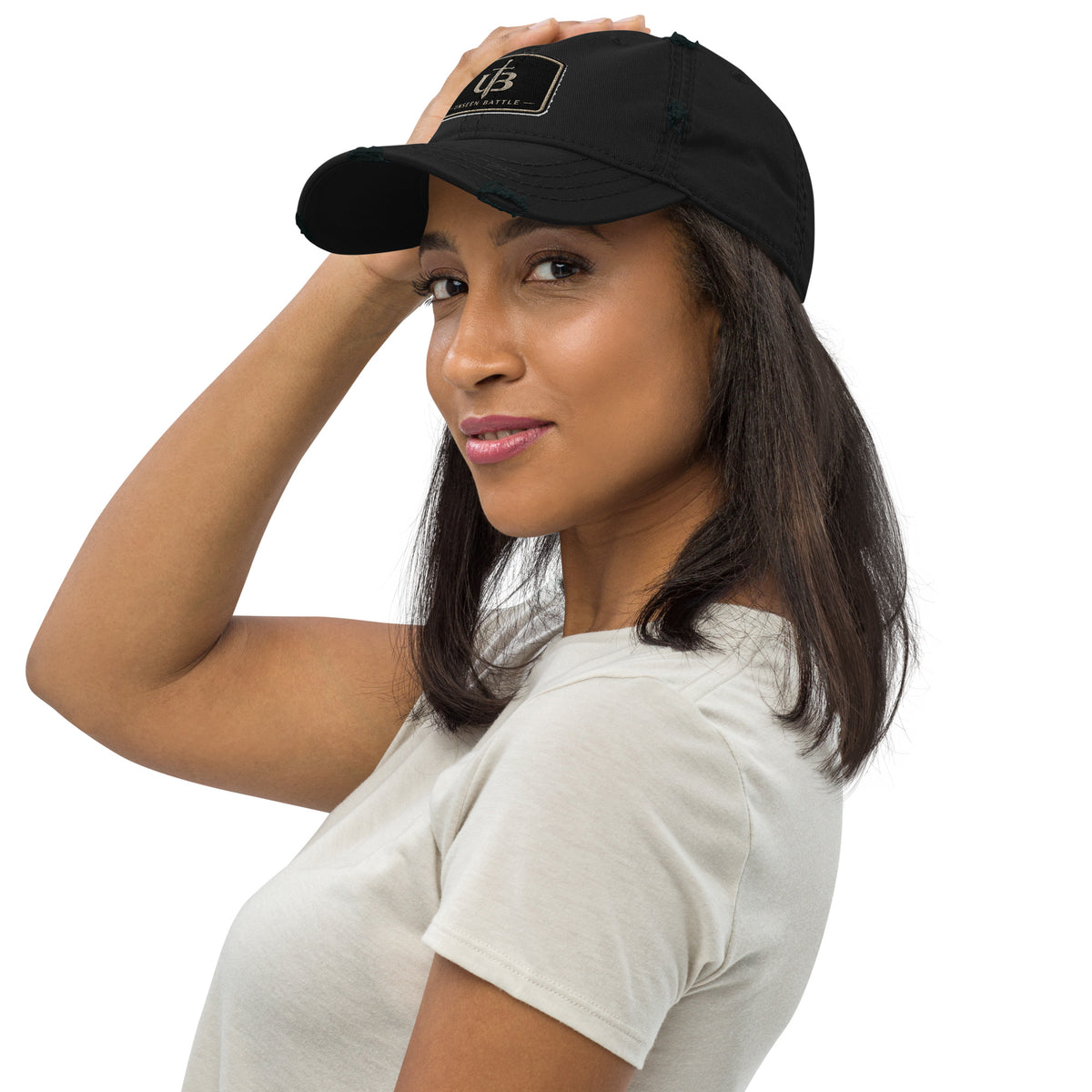 Unseen Battle distressed black dad hat with emblem, left view