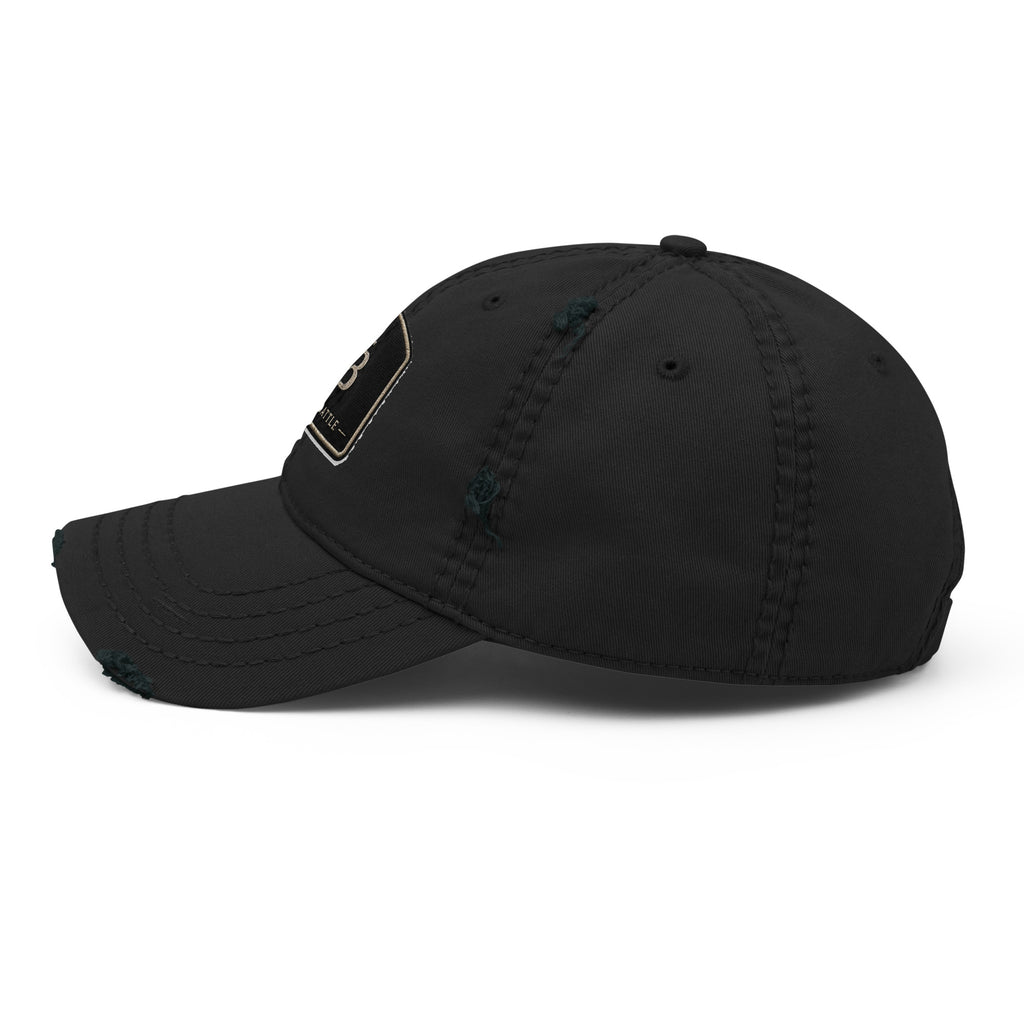 Unseen Battle distressed black dad hat with emblem, left view