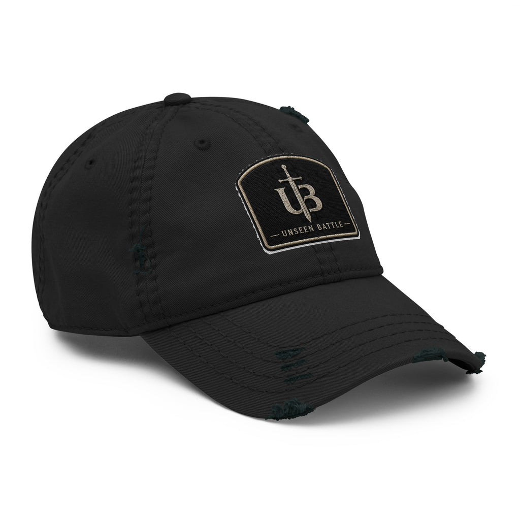 Unseen Battle distressed black dad hat with emblem, right view
