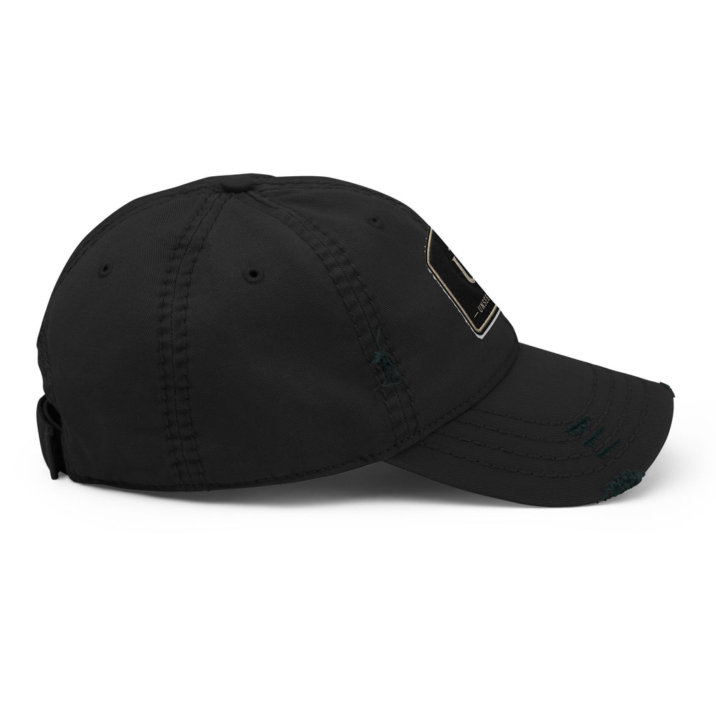 Unseen Battle distressed black dad hat with emblem, right view