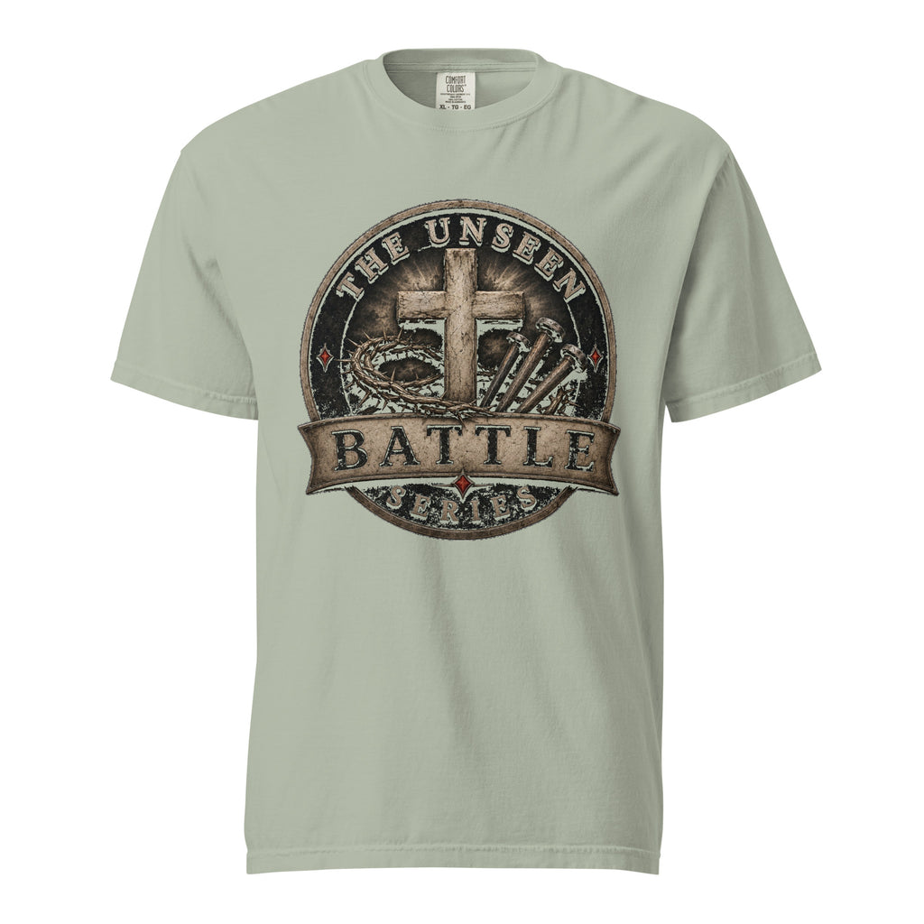 Unseen Battle heavyweight Christian t-shirt with cross, crown of thorns and nails, front view