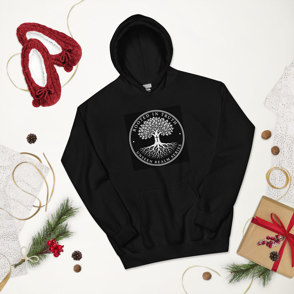 Rooted in Truth black Christian hoodie, front view